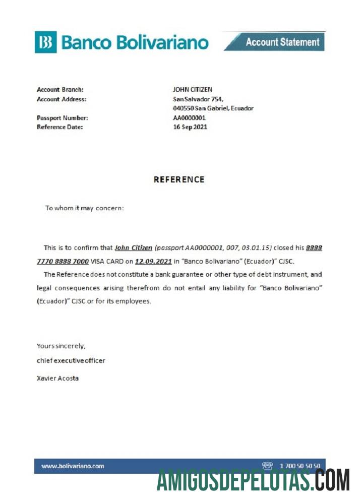 Referência de fechamento do Banco Bolivariano do Equador modelo